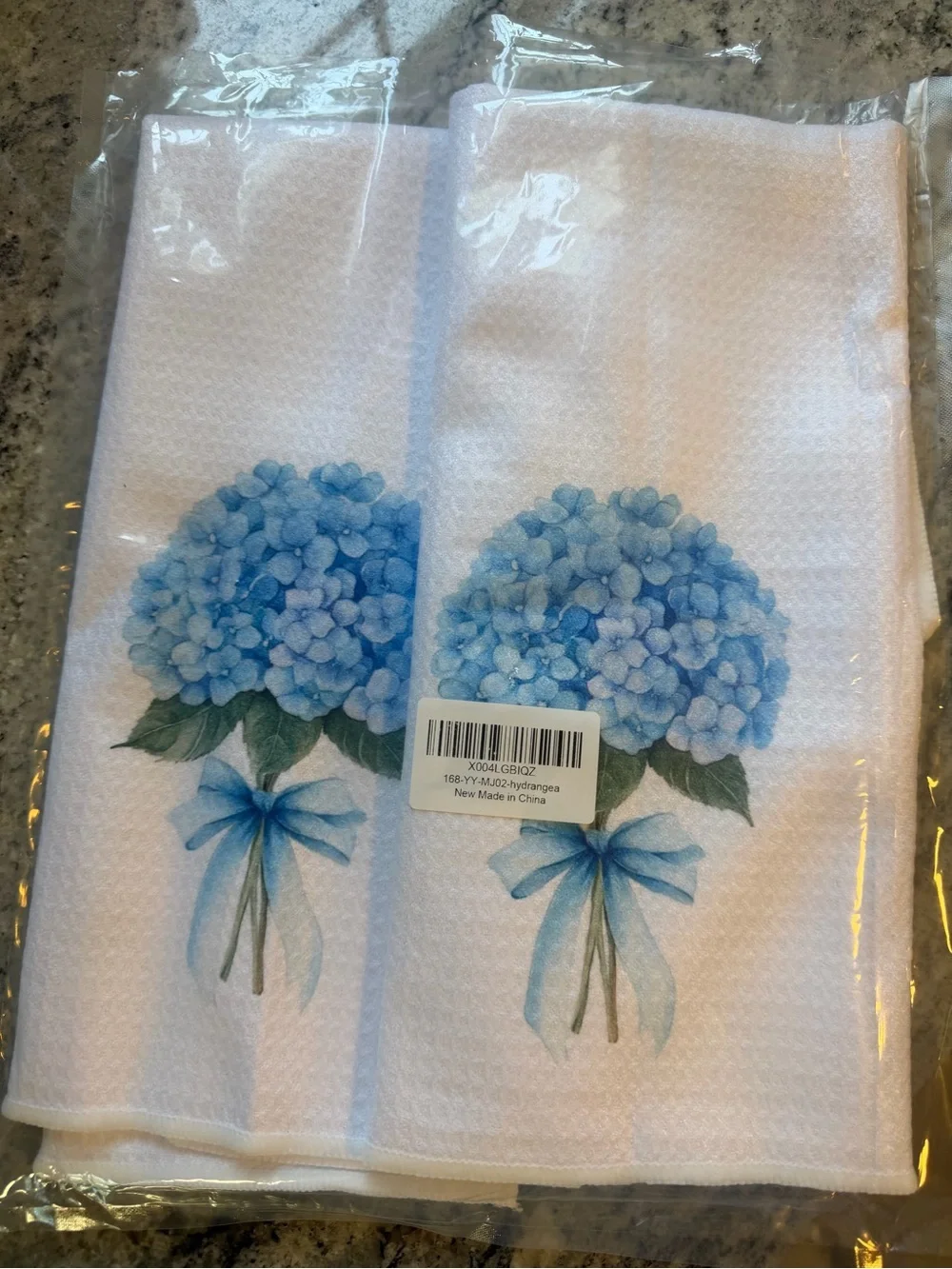 White Waffle Weave Kitchen or Bath Towel with Blue Hydrangea Bouquet - Pack of 2